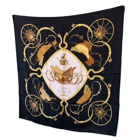 Hermes Vintage Vintage Silk Scarf 'Springs' 100% Silk 90cm Square Black Gold - Picture 8 of 16